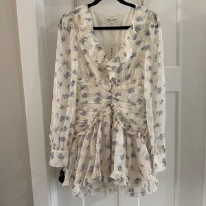 For Love & Lemons Cream Floral Mini Dress with Blue Print